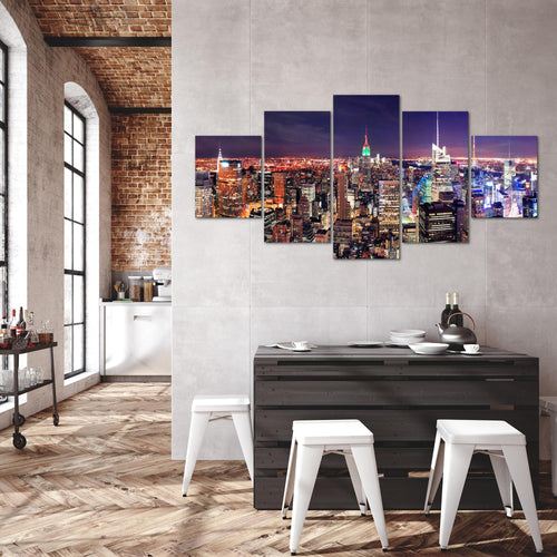 Runa Art - Bilder New York Skyline 200 x 100 cm 5 Teilig XXL Wanddekoration Design Violett Lila 036251a