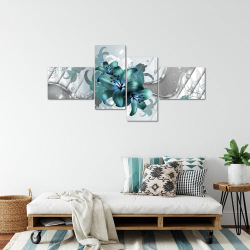 Runa Art Wandbilder Set XXL Blumen LilienWohnzimmer Schlafzimmer Grau Türkis 4 Teilig - Made in Germany - 016545a
