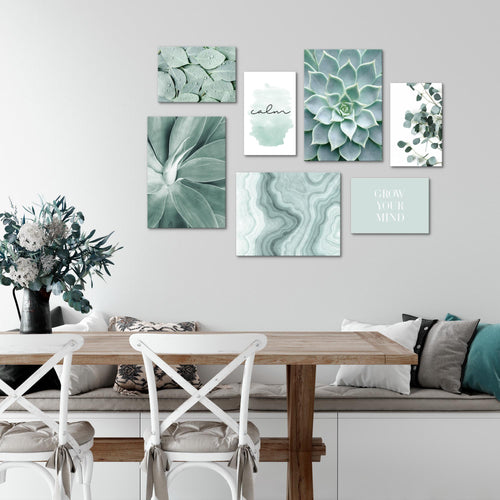 Novart Wandbilder Grüne Blätter - KOMPLETT AUFHÄNGFERTIG - Natur Wohnzimmer Schlafzimmer - 7 Moderne Mood-Bilder - N027471a