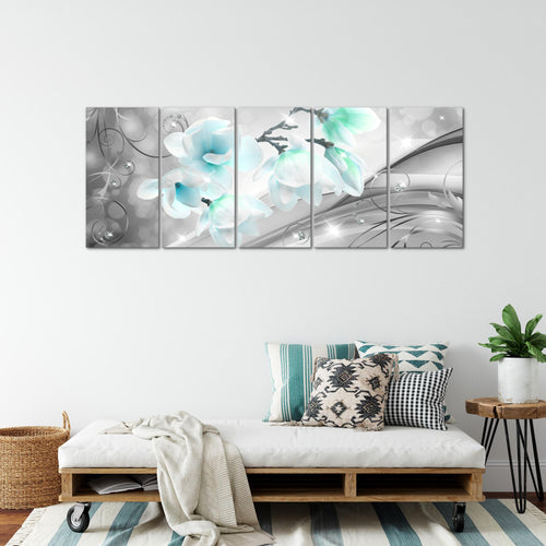 Runa Art Wandbild XXL Blumen Abstrakt Wohnzimmer Schlafzimmer 200 x 80 cm Grau Türkis 5 Teilig - Made in Germany - 035355c