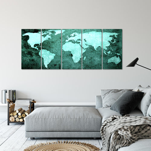 Runa Art Wandbild XXL Weltkarte Büro Wohnzimmer 200 x 80 cm Türkis 5 Teilig - Made in Germany - 101755b