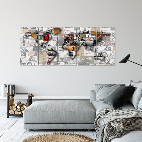Runa Art Wandbild XXL Weltkarte Banksy Collage Loft Wohnzimmer 200 x 80 cm Bunt 5 Teilig - Made in Germany - 104555a