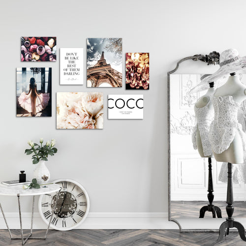 Novart Wandbilder Fashion Paris - KOMPLETT AUFHÄNGFERTIG - Coco Wohnzimmer Mädchen Teenager - 7 Moderne Mood-Bilder - N008271a