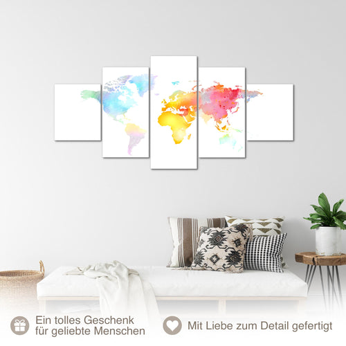 Runa Art - Bilder Weltkarte 200L x 100B cm 5 Teilig XXL Wanddekoration Design Weltkarte Farben Bunt 057551a
