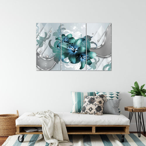 Runa Art Wandbilder Blumen Lilien Bild XXL Wohnzimmer Schlafzimmer Grau Türkis Abstrakt 120 x 80 cm 3 Teilig 016531a