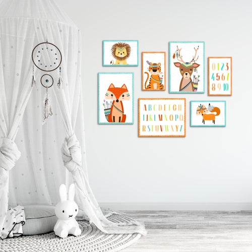 Novart Wandbilder Tiere - KOMPLETT AUFHÄNGFERTIG - Indianer Kinderzimmer Mädchen Junge - 7 Moderne Mood-Bilder - N000271a