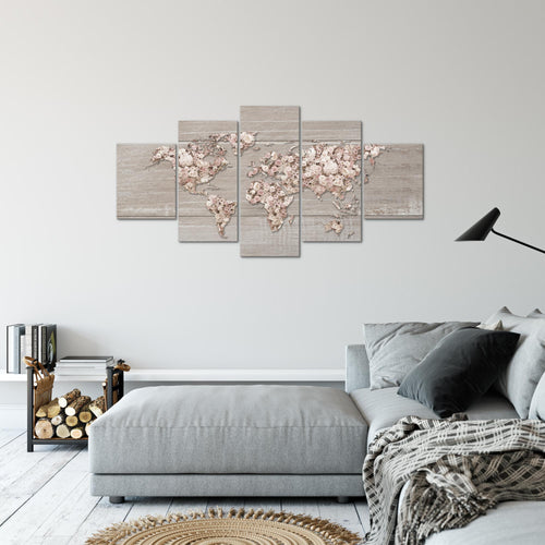 Runa Art Bild Wohnzimmer Schlafzimmer Weltkarte Blumen 5 Teilig Holzwand Beige Braun Wandbilder auf Vlies Leinwand 023253c