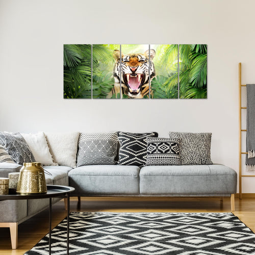 Runa Art Wandbild XXL Tieger Abstrakt Wohnzimmer Schlafzimmer 200 x 80 cm Grün Orange 5 Teilig - Made in Germany - 037555a