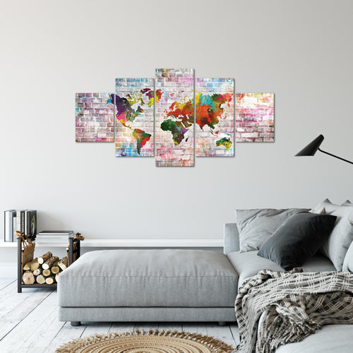 Runa Art Bild Büro Wohnzimmer Weltkarte 5 Teilig Steinoptik Ziegel Bunt Wandbilder auf Vlies Leinwand 106953a