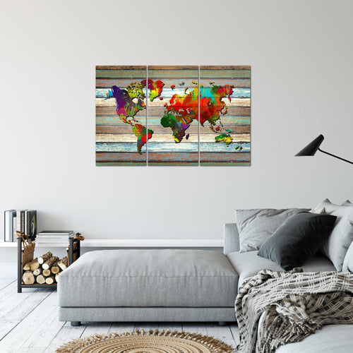 Runa Art Wandbilder Weltkarte Bild XXL Büro Wohnzimmer Bunt Vintage Holz 120 x 80 cm 3 Teilig 105431a