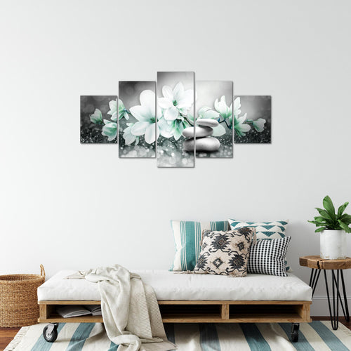Runa Art Bild Wohnzimmer Schlafzimmer Blumen Magnolien 5 Teilig Abstrakt Grau Türkis Wandbilder auf Vlies Leinwand 035453b