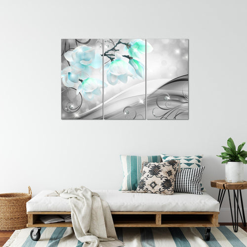Runa Art Wandbilder Blumen Abstrakt Bild XXL Wohnzimmer Schlafzimmer Grau Türkis Diamant 120 x 80 cm 3 Teilig 035331c