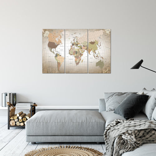 Runa Art Wandbilder Weltkarte Bild XXL Büro Wohnzimmer Beige Kontinente 120 x 80 cm 3 Teilig 023331b