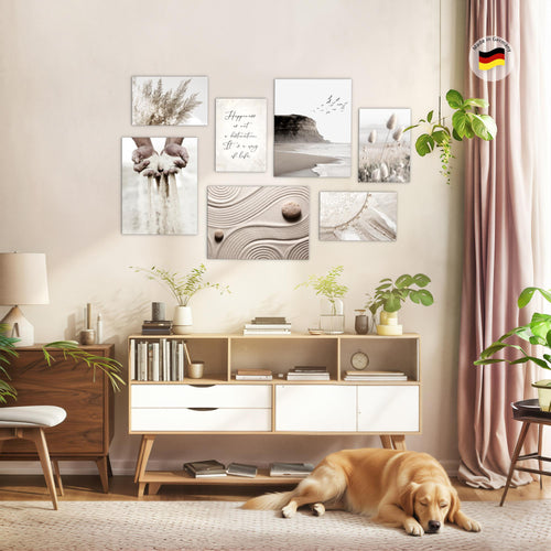 Novart Wandbilder Strand Boho - KOMPLETT AUFHÄNGFERTIG - Beige Wohnzimmer Schlafzimmer - 7 Moderne Mood-Bilder - N028171a