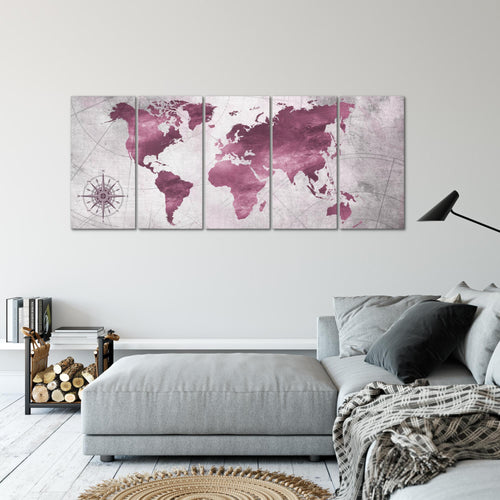 Runa Art Wandbild XXL Weltkarte Büro Wohnzimmer 200 x 80 cm Pink 5 Teilig - Made in Germany - 026055b