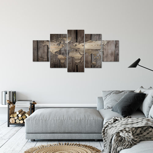 Runa Art Bild Büro Wohnzimmer Weltkarte 5 Teilig Holzoptik Beige Braun Wandbilder auf Vlies Leinwand 035053b