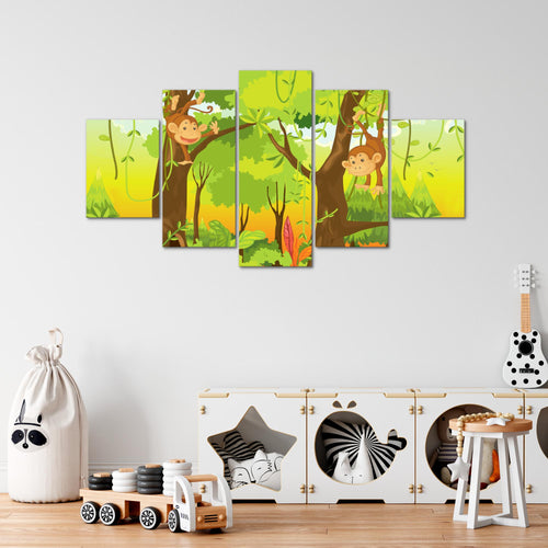 Runa Art Bild Spielzimmer Baby Tiere Dschungel 5 Teilig Kinderzimmer Bunt Wandbilder auf Vlies Leinwand 001853b