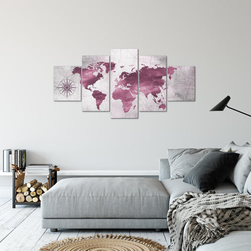 Runa Art Bild Büro Wohnzimmer Weltkarte 5 Teilig Vintage Antik Pink Wandbilder auf Vlies Leinwand 026053b
