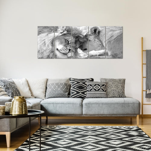Runa Art Wandbild XXL Löwen Liebe Wohnzimmer Schlafzimmer 200 x 80 cm Schwarz Weiss 5 Teilig - Made in Germany - 002155c