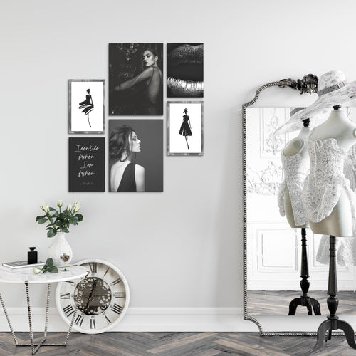 Novart Wandbilder Set Fashion Schwarz Weiss - KEIN EXTRA RAHMEN BENÖTIGT -  Modern Deko  - Wohnzimmer Mädchen Teenager N000863a