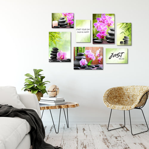 Novart Wandbilder Feng Shui Zen Stein - KOMPLETT AUFHÄNGFERTIG - Grün Lila Wohnzimmer Schlafzimmer - 7 Moderne Mood-Bilder - N003471a