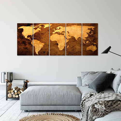 Runa Art Wandbild XXL Weltkarte Büro Wohnzimmer 200 x 80 cm Gold 5 Teilig - Made in Germany - 101755a