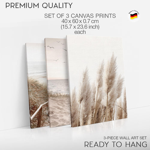Novart Bilder Set Landschaft - KEIN EXTRA RAHMEN BENÖTIGT - Wandbilder für Wohnzimmer Schlafzimmer Büro - 3 Teilig Deko Strand - N003936a