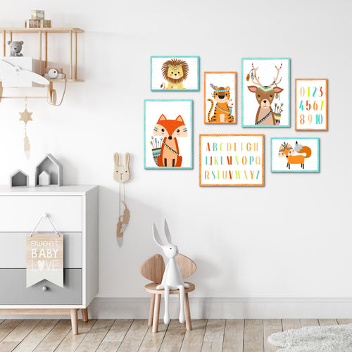 Novart Wandbilder Tiere - KOMPLETT AUFHÄNGFERTIG - Indianer Kinderzimmer Mädchen Junge - 7 Moderne Mood-Bilder - N000271a