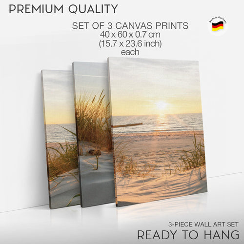 Novart Bilder Set Landschaft - KEIN EXTRA RAHMEN BENÖTIGT - Wandbilder für Wohnzimmer Schlafzimmer Büro - 3 Teilig Deko Strandweg - N034736a