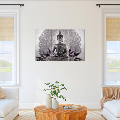Runa Art Wandbilder Buddha Bild XXL Wohnzimmer Schlafzimmer Schwarz Weiss Orientalisch 120 x 80 cm 3 Teilig 031231c