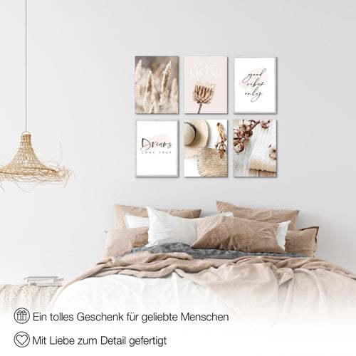 Novart Wandbilder - KEIN EXTRA RAHMEN BENÖTIGT - Wohnzimmer Schlafzimmer - Bilder Modern Boho Pampasgras - Beige Rosa - N006665a