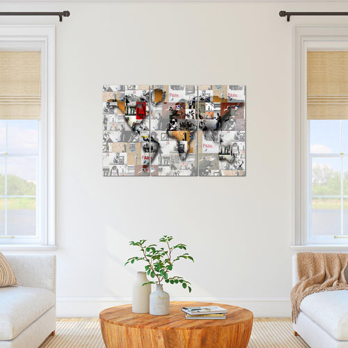 Runa Art Wandbilder Weltkarte Banksy Collage Bild XXL Loft Wohnzimmer Rosa Pop Art 120 x 80 cm 3 Teilig 104531b