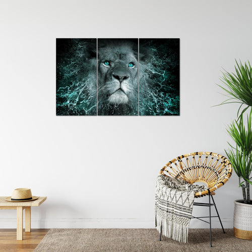 Runa Art Wandbilder Afrika Löwe Bild XXL Wohnzimmer Schlafzimmer Schwarz Türkis Abstrakt Tiere 120 x 80 cm 3 Teilig 040731b