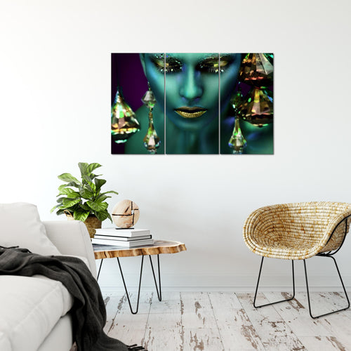 Runa Art Wandbilder Frau Gesicht Lippen Bild XXL Wohnzimmer Schlafzimmer Türkis Gold Kosmetik Fashion 120 x 80 cm 3 Teilig 042131a