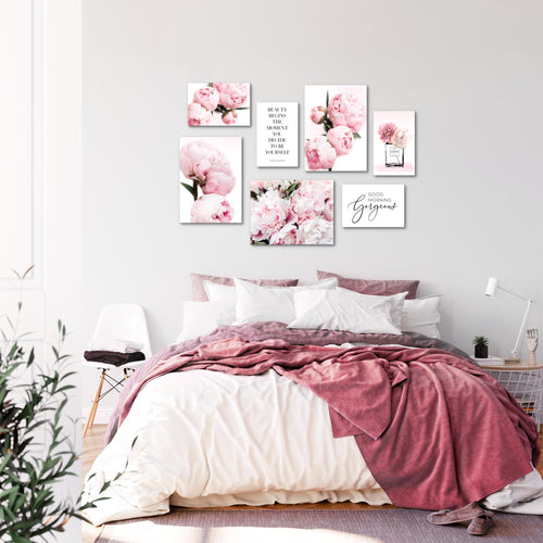Novart Wandbilder Fashion Blumen - KOMPLETT AUFHÄNGFERTIG - Rosa Wohnzimmer Mädchen Teenager - 7 Moderne Mood-Bilder - N009471a