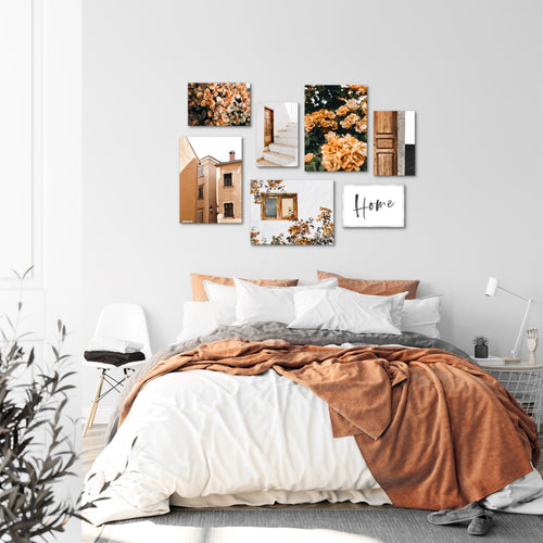 Novart Wandbilder Home Blumen - KOMPLETT AUFHÄNGFERTIG - Orange Wohnzimmer Schlafzimmer - 7 Moderne Mood-Bilder - N010171a