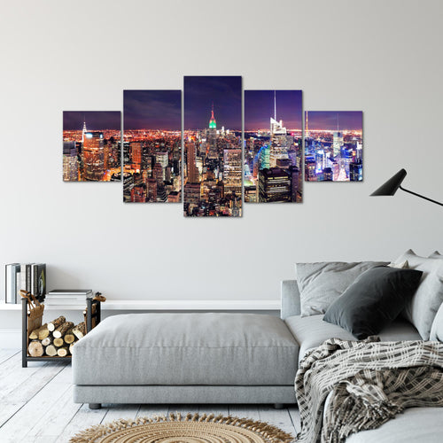 Runa Art - Bilder New York Skyline 200 x 100 cm 5 Teilig XXL Wanddekoration Design Violett Lila 036251a