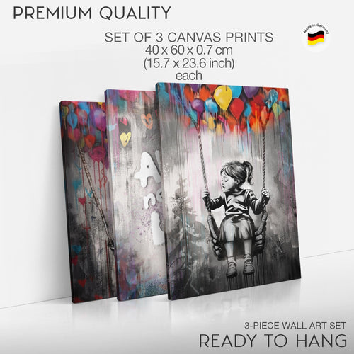 Novart Bilder Set Street Art - KEIN EXTRA RAHMEN BENÖTIGT - Wandbilder für Wohnzimmer Schlafzimmer Büro - 3 Teilig Deko Schaukel - N037436a