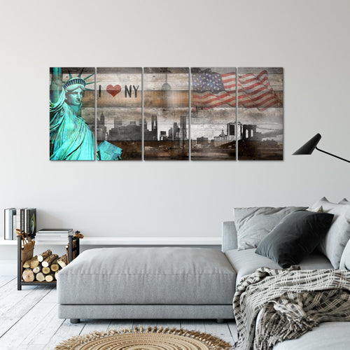 Runa Art Wandbild XXL New York City Wohnzimmer Büro 200 x 80 cm Türkis Braun 5 Teilig - Made in Germany - 034255c