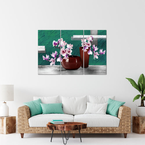 Runa Art Wandbilder Blumen Abstrakt Bild XXL Wohnzimmer Schlafzimmer Türkis Grau Blumenvase 120 x 80 cm 3 Teilig 035231b