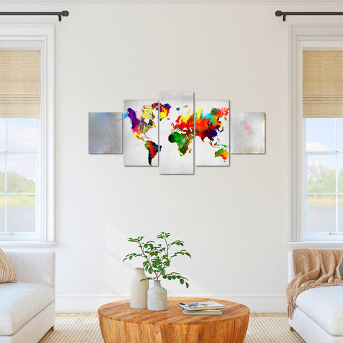 Runa Art Bild Büro Wohnzimmer Weltkarte 5 Teilig Kontinente Beton Bunt Wandbilder auf Vlies Leinwand 108853a