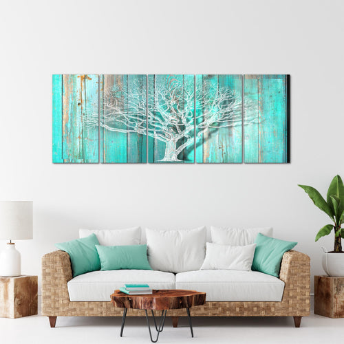 Runa Art Wandbild XXL Baum Abstrakt Wohnzimmer 200 x 80 cm Türkis Grau 5 Teilig - Made in Germany - 039955c