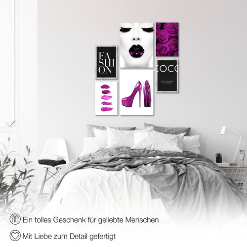Novart Wandbilder Set Fashion Schwarz Weiss Violett - KEIN EXTRA RAHMEN BENÖTIGT -  Modern Deko  - Wohnzimmer Mädchen Teenager N002263c