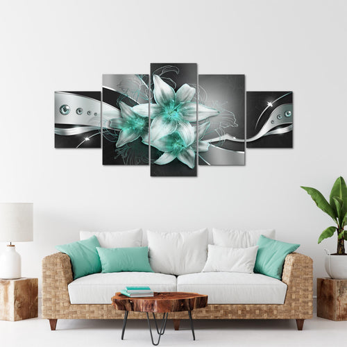 Runa Art - Bilder Blumen Lilien 200 x 100 cm 5 Teilig XXL Wanddekoration Design Schwarz Türkis 039651b