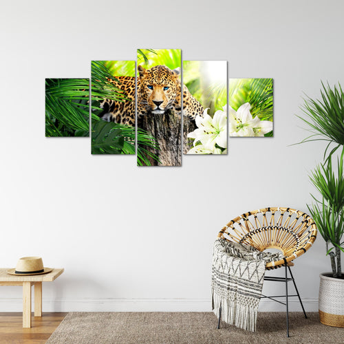 Runa Art Bild Wohnzimmer Schlafzimmer Afrika Leopard 5 Teilig Raubkatze Dschungel Grün Wandbilder auf Vlies Leinwand 006753b