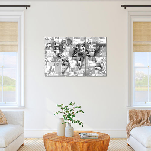 Runa Art Wandbilder Weltkarte Banksy Collage Bild XXL Loft Wohnzimmer Grau Pop Art 120 x 80 cm 3 Teilig 104531c