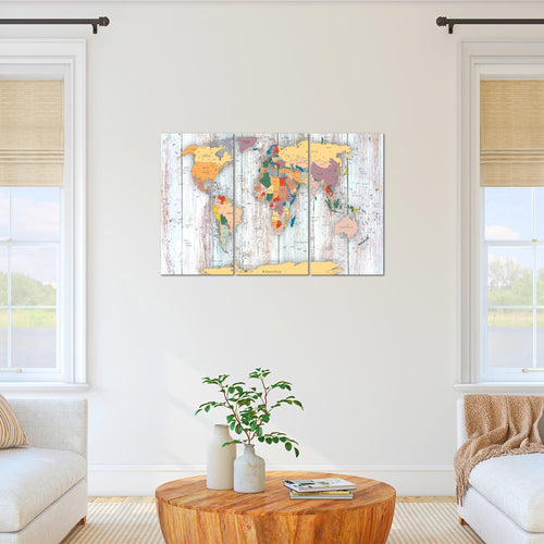 Runa Art Wandbilder Weltkarte Holz Bild XXL Büro Wohnzimmer Weiss Landkarte 120 x 80 cm 3 Teilig 108731b