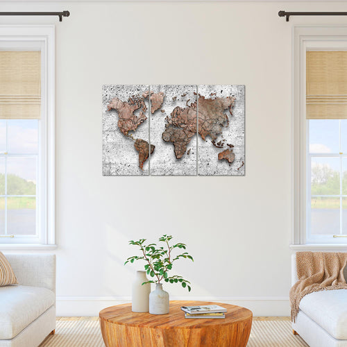 Runa Art Wandbilder Weltkarte 3D Effekt Bild XXL Büro Wohnzimmer Grau Kontinente Beton 120 x 80 cm 3 Teilig 107731b