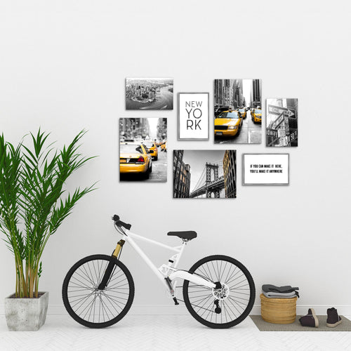 Novart Wandbilder New York City Taxi - KOMPLETT AUFHÄNGFERTIG - Gelb Grau Wohnzimmer Schlafzimmer - 7 Moderne Mood-Bilder - N006371a