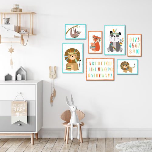Novart Wandbilder Tiere - KOMPLETT AUFHÄNGFERTIG - Indianer Kinderzimmer Mädchen Junge - 7 Moderne Mood-Bilder - N000271b